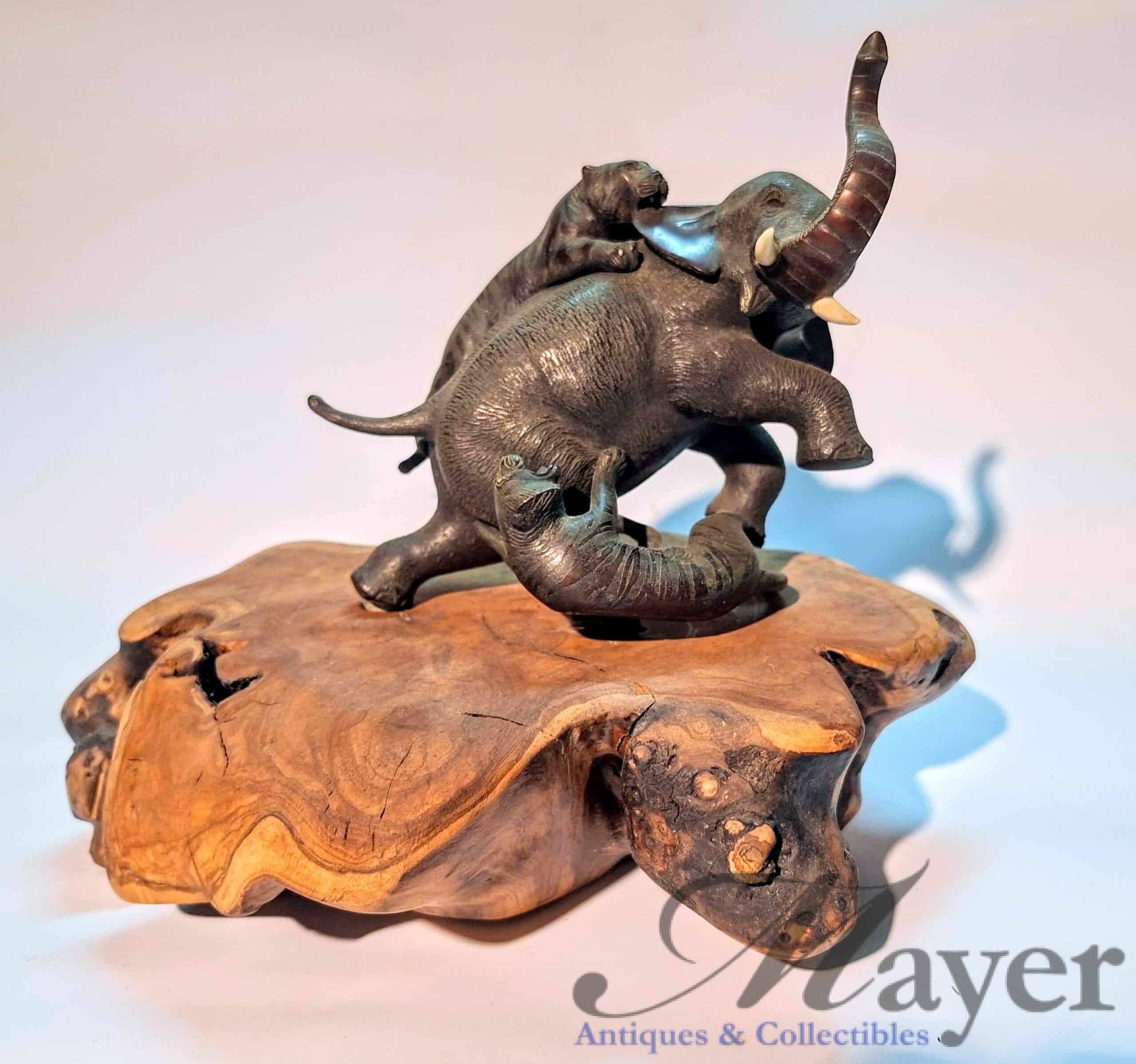 20260805_145000 Elephant Attacked by Two Tigers Japanese Bronze Okimono Sculpture.