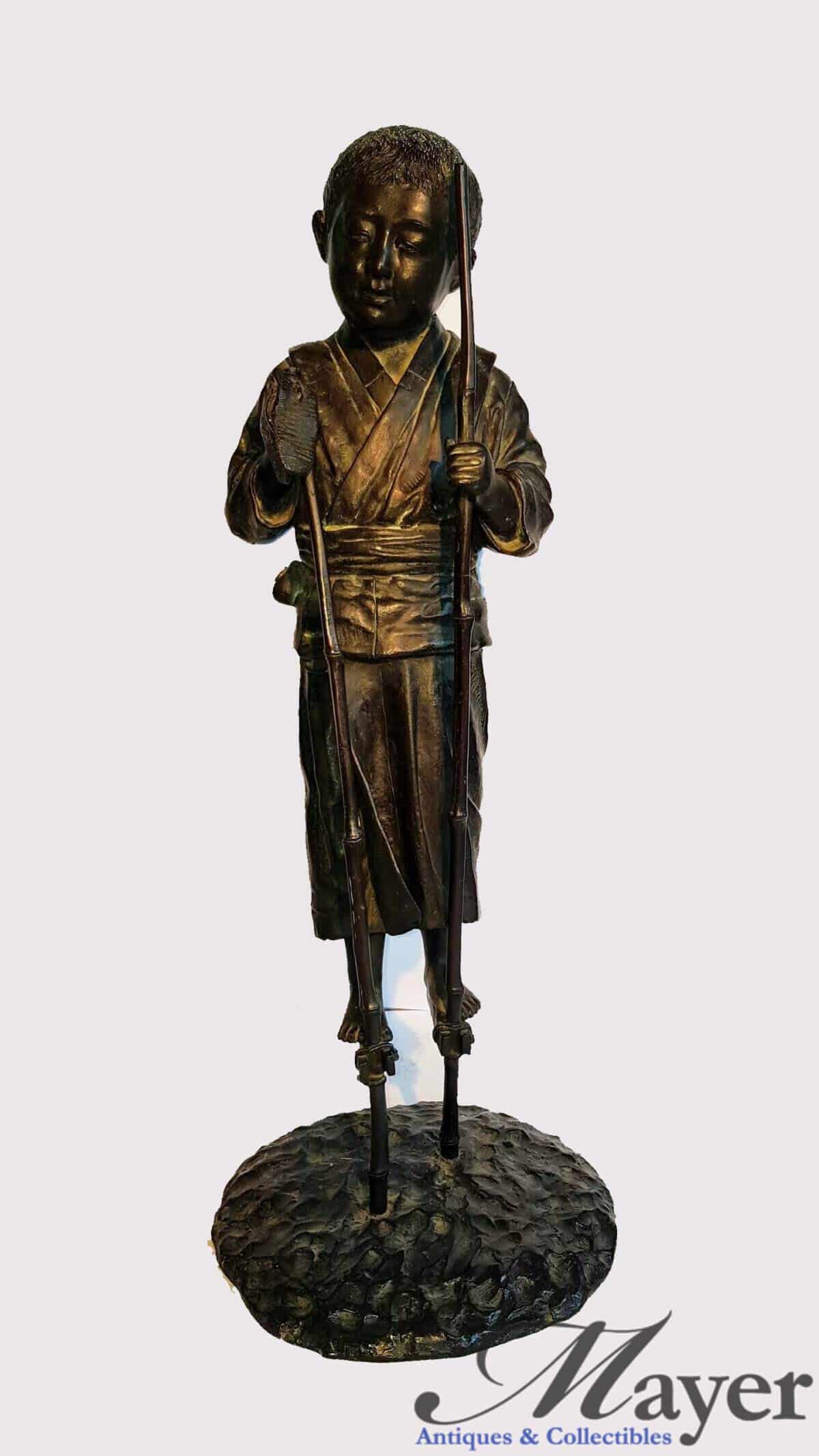 Japanese Boy On Bamboo Stilts Bronze Sculpture