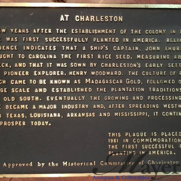 Charleston South Carolina Rice History Commemorative Plaque