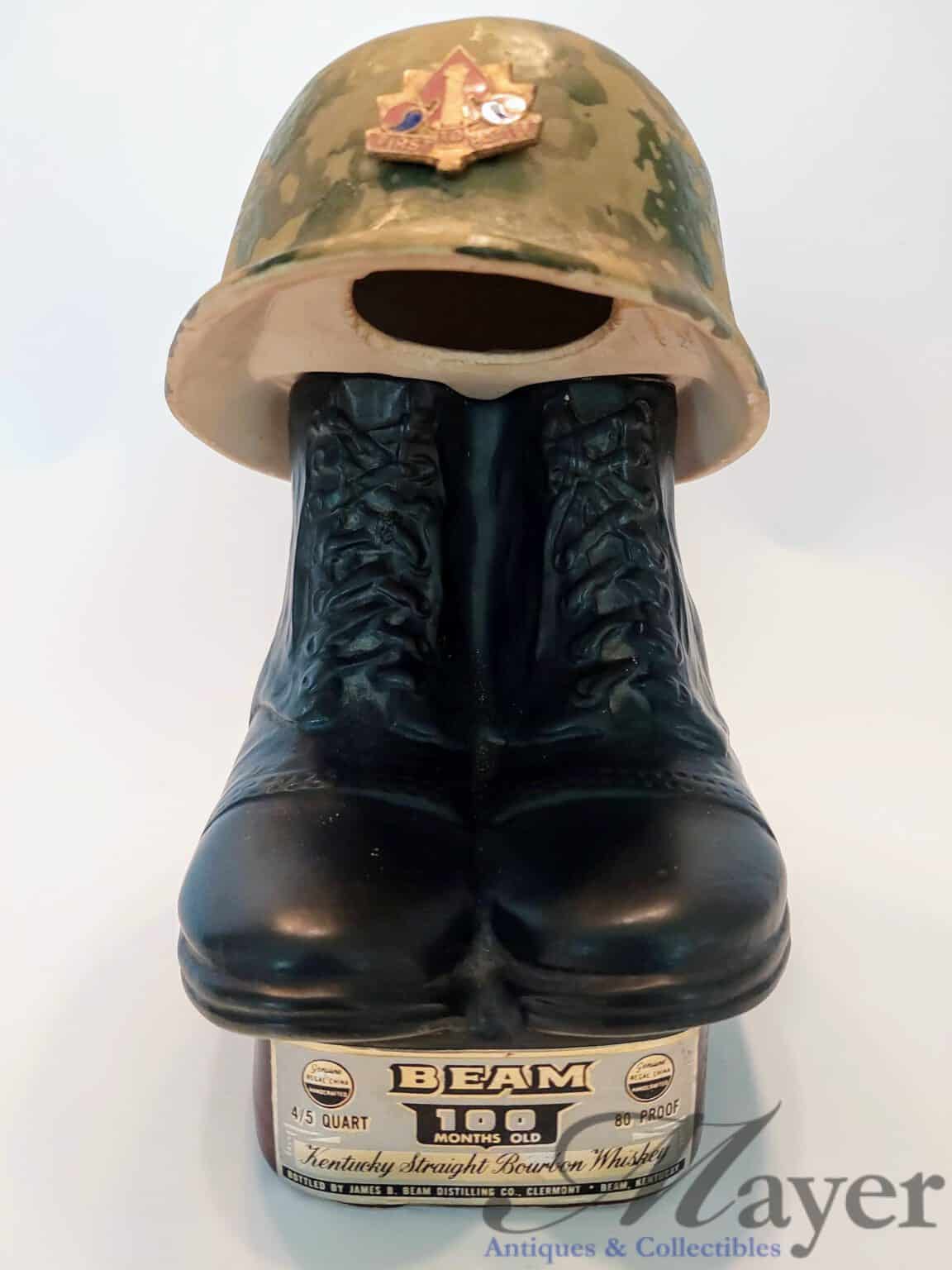 Jim Beam Army Helmet & Boots 100 Months Old Decanter Mayer Antiques