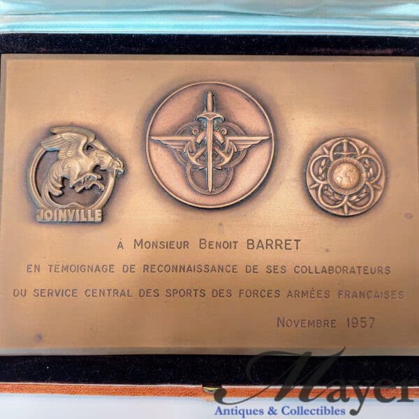 French Military Recognition Plaque To Mr. Benoit Barret