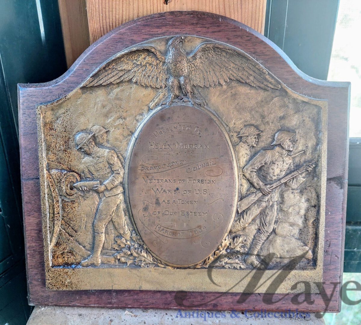 American Veterans of Foreign Wars Appreciation Plaque to Helen Morgan.