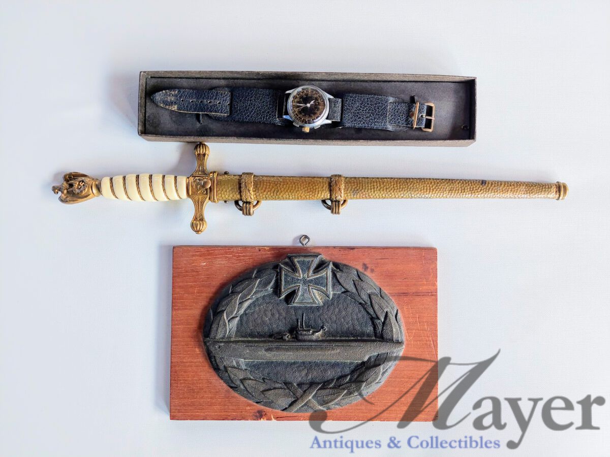 Nazi German Kriegsmarine U-Boat set of wrist watch, dagger and plaque.