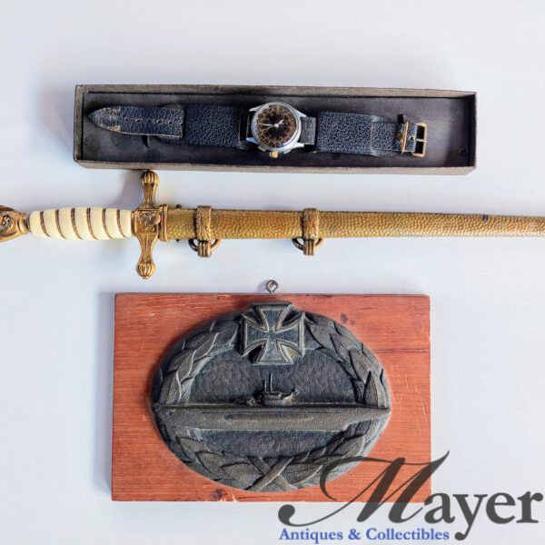 Nazi German Kriegsmarine U-Boat set of wrist watch, dagger and plaque.