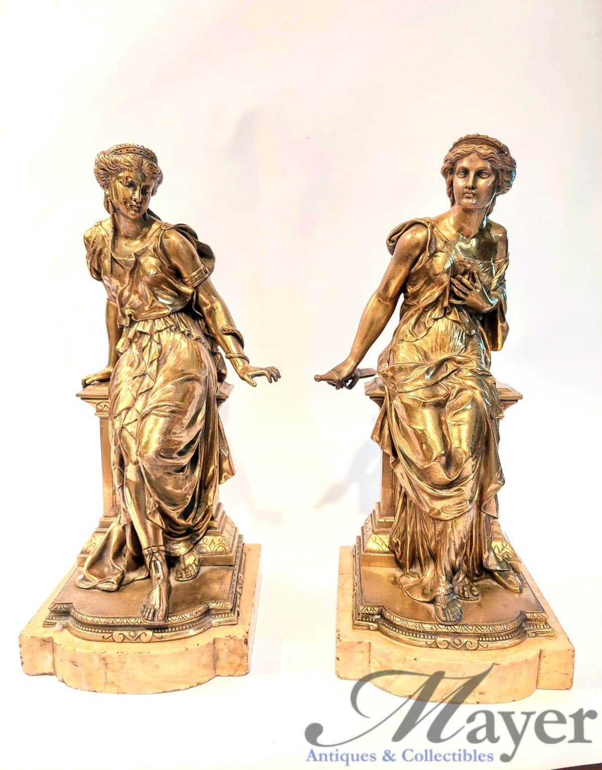 Antique Pair Bronze Classical Ladies Sculptures