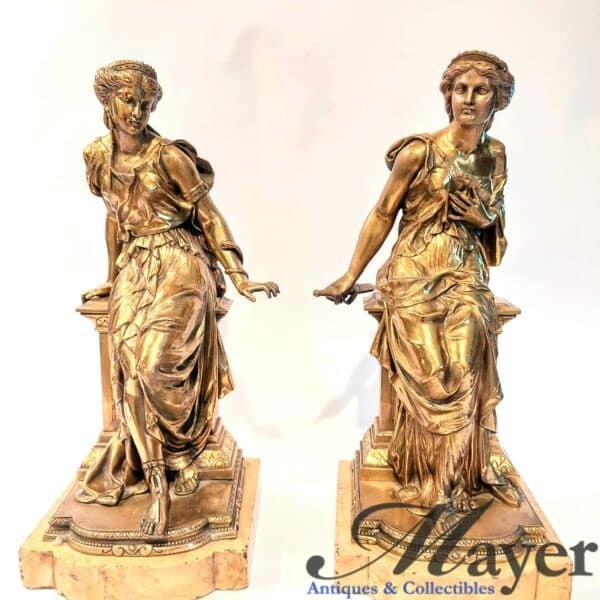 Antique Pair Bronze Classical Ladies Sculptures