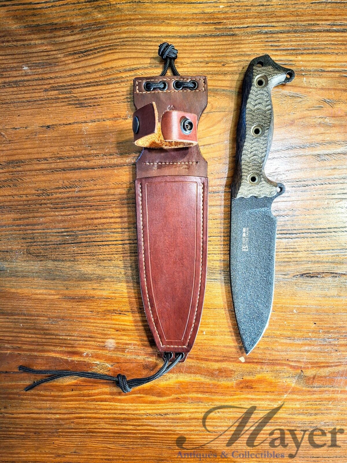 Busse Combat ASH1 Battle Grade Knife Black Crinkle Blade SR-101 with leather scabbard.
