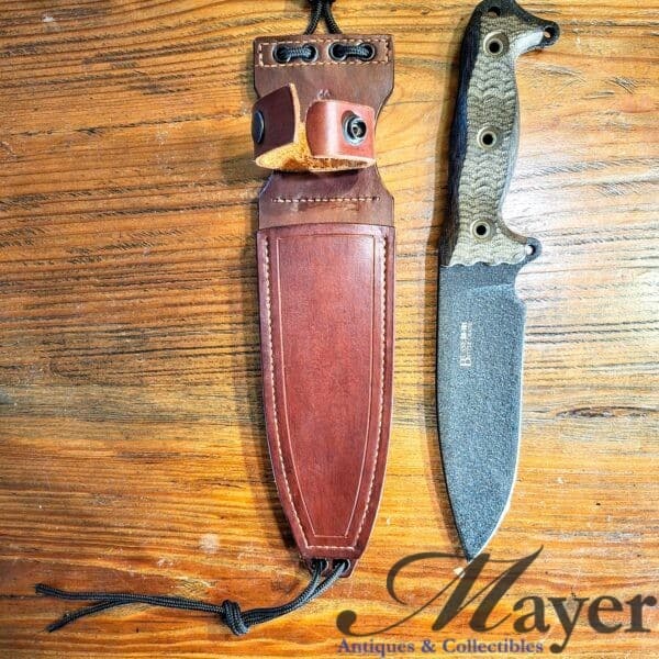Busse Combat ASH1 Battle Grade Knife Black Crinkle Blade SR-101 with leather scabbard.