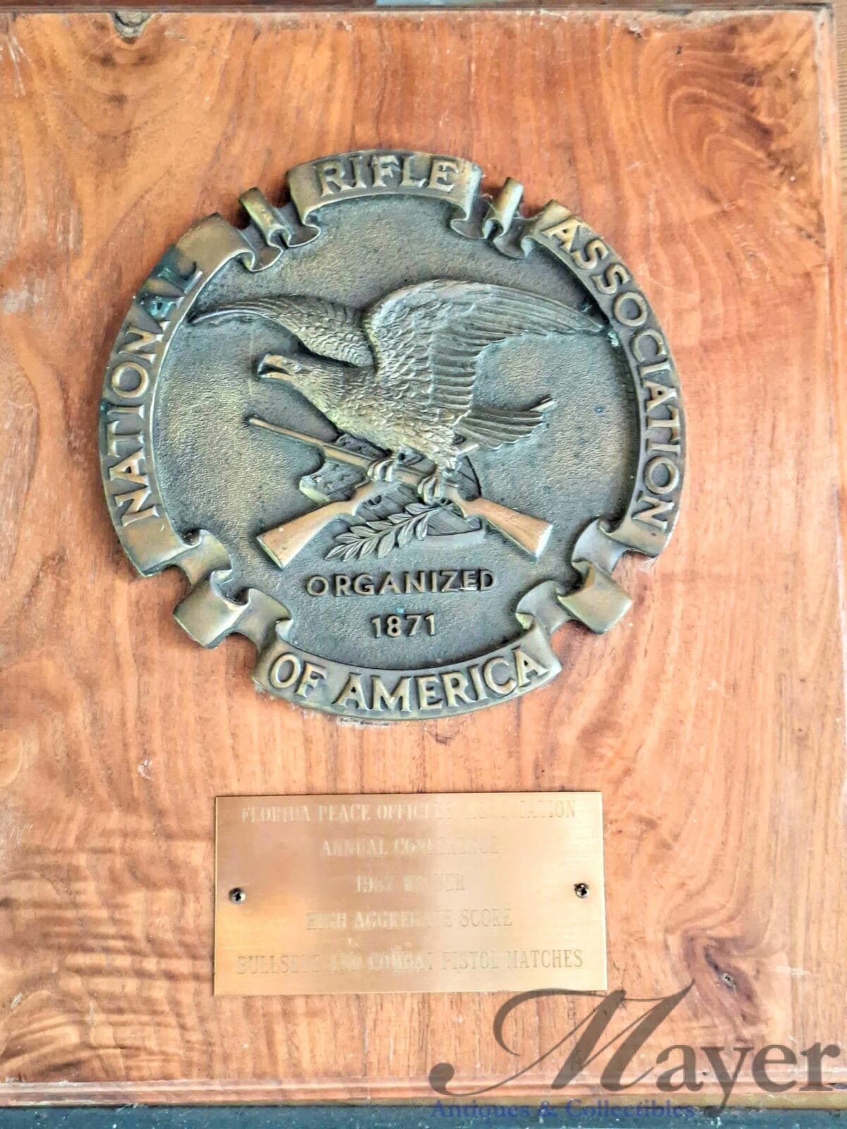 National Rifle Association Florida Peace Officers Association bronze plaque for a shooting competition.