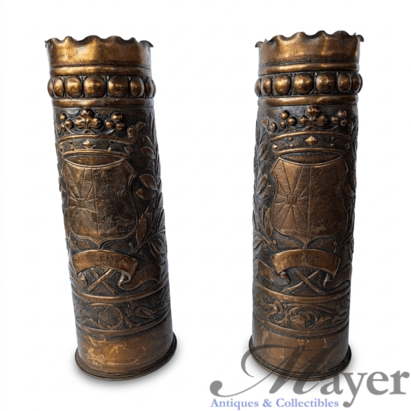 WW1 British trench art pair of decorative artillery brass shells from the Ordnance QF 18-pounder gun.