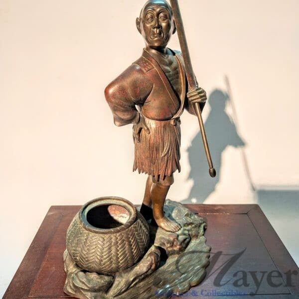 Japanese Fisherman Holding Oar Bronze Okimono Sculpture.