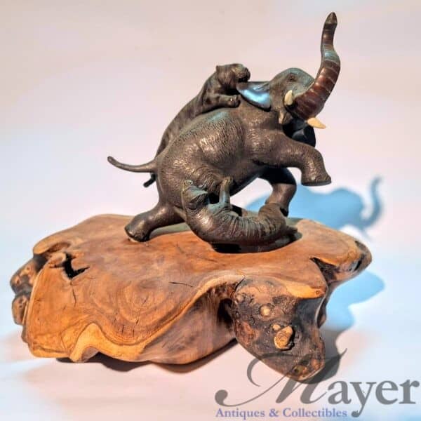 Elephant Attacked by Two Tigers Japanese Bronze Okimono Sculpture.